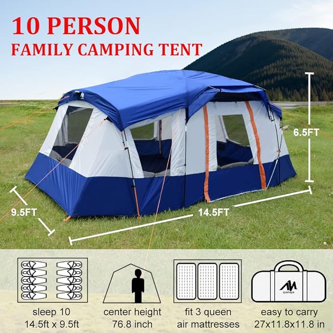 8 Person Tent for Camping AYAMAYA Waterproof Multi Room Large Family Tents with Skylight &amp Removable Rainfly &amp4 Large Mesh Windows and Divided Curtain for Separated Room