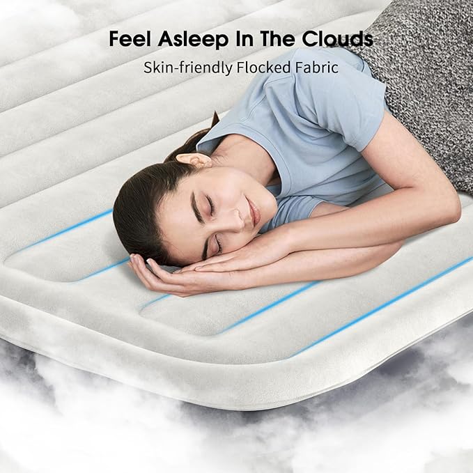 Air Mattress Queen with Built in Pump18'' Inflatable Mattress of Vertical BeamsSelf Inflatable/Deflation Blow Up Mattress in 3 MinsFlocked Top Airbed with Carry Bag for Home Camping