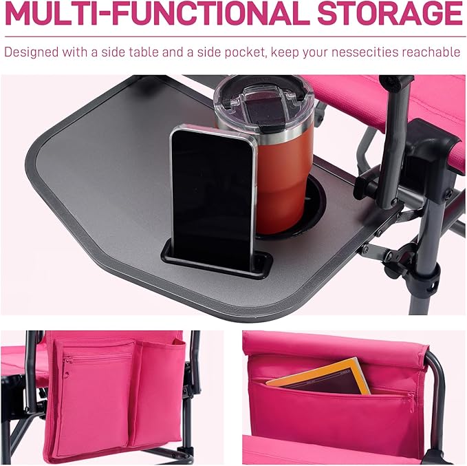 EVER ADVANCED Camping Directors' Chair with Side Table Portable Folding with Compact Size Heavy Duty Lawn Chair with Pocket for Camping Lawn Sports and Fishing 400lbs Pink
