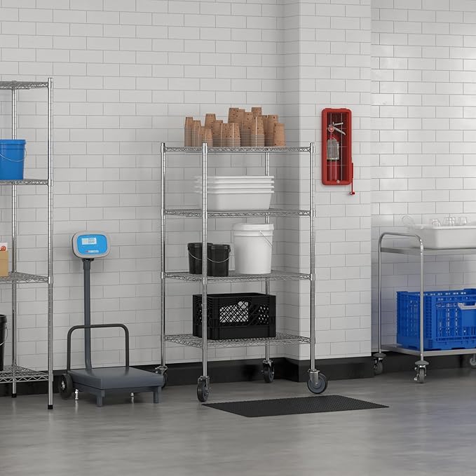 Commercial NSF Listed Chrome Mobile Wire Shelving Kit 24 x 30 x 60 with 4 Shelves Perfect for Warehouse Walk-in Refrigerator Freezer Grocery Store Restaurant Dishroom
