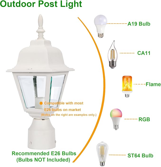 LIT-PaTH Outdoor Post Lighting Fixture Pole Lantern E26 Medium Base Max 60W Aluminum Housing Plus Clear Glass Bulb Not Included Matte White Finish 1-Pack