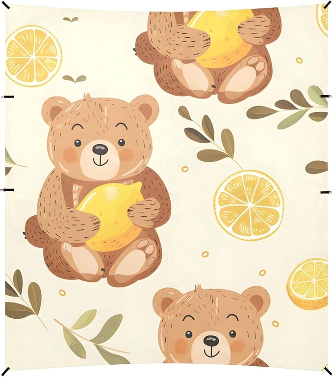 Cute Cartoon Bear Holding Lemon Camping Sun Shelter Beach Tent Portable Beach Sun Shade Outdoor Canopy for Camping Trips Fishing Picnic