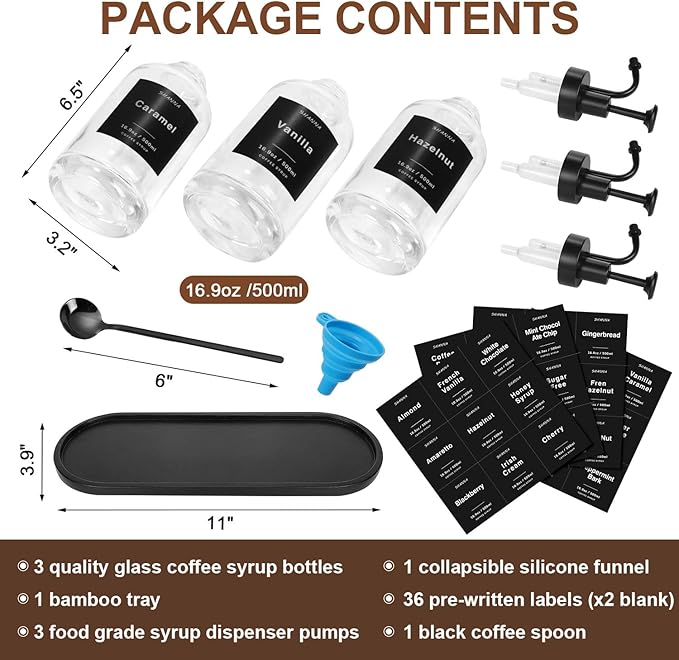 Coffee Syrup Dispenser for Coffee Bar 16.9oz 500ml Glass Syrup Dispenser w Black Coffee Scoop Coffee Syrup Pump Dispenser w 36 Labels and Bamboo Tray Coffee Syrup Bottles with Black Pump 3PCS