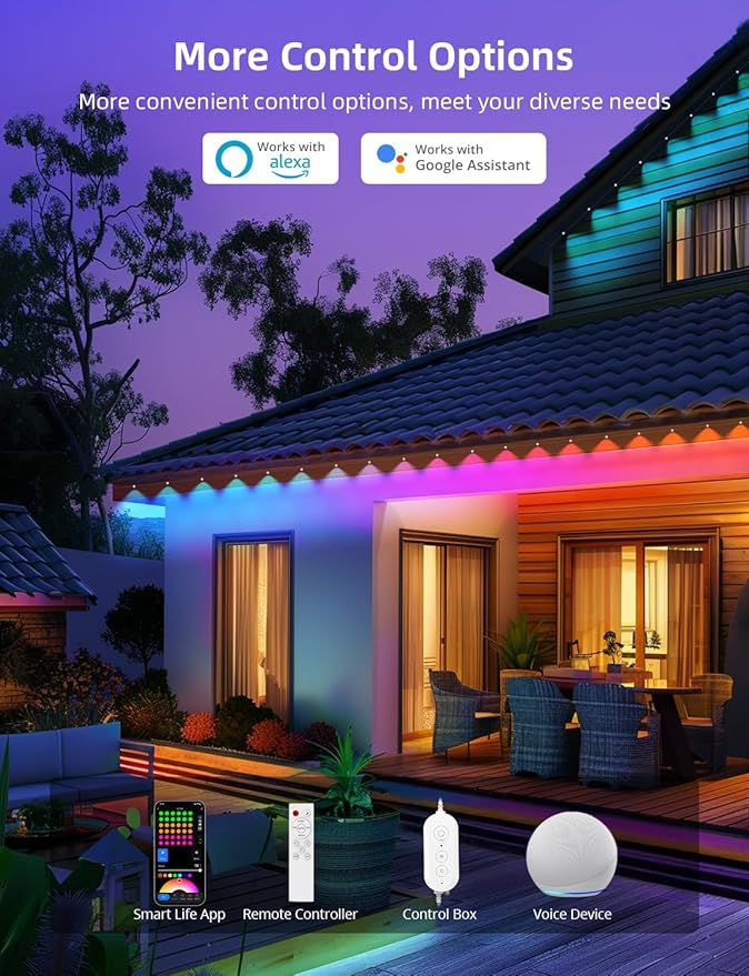 APPECK Permanent Outdoor Lights 50ft with 36 RGBW LEDs 111 Scene Modes Eaves Lights with 40lm Warm White for Daily Holiday House Decor App/Voice/Remote Control White