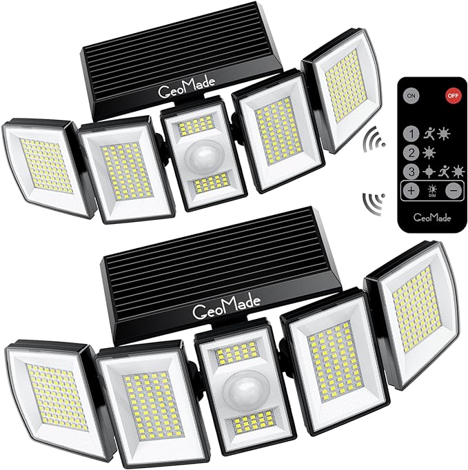 Solar Outdoor Lights Flood Light Motion Sensor &amp Dusk to Dawn Solar Spotlights Outdoor Waterproof 300 Security LED &amp Remote Control 5 Head 270° Spot lamp for Wall Backyard 2 Pack