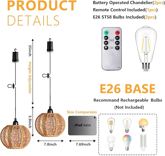 Battery Operated Chandelier 2Pack Hanging Gazebo Lights Cactus Shape Boho Rattan Pendant Lights Outdoor Waterproof for Patio Tree Pergola Porch and Indoor Decor