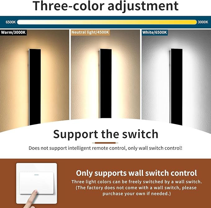 2 Pack 39.3inch Modern Outdoor Wall Sconce 3 CCT 3000K/4500K/6000K IP65 Waterproof Long Strip Exterior Light 36W Black Outside Garden Lighting for Porch Patio Fence Yard