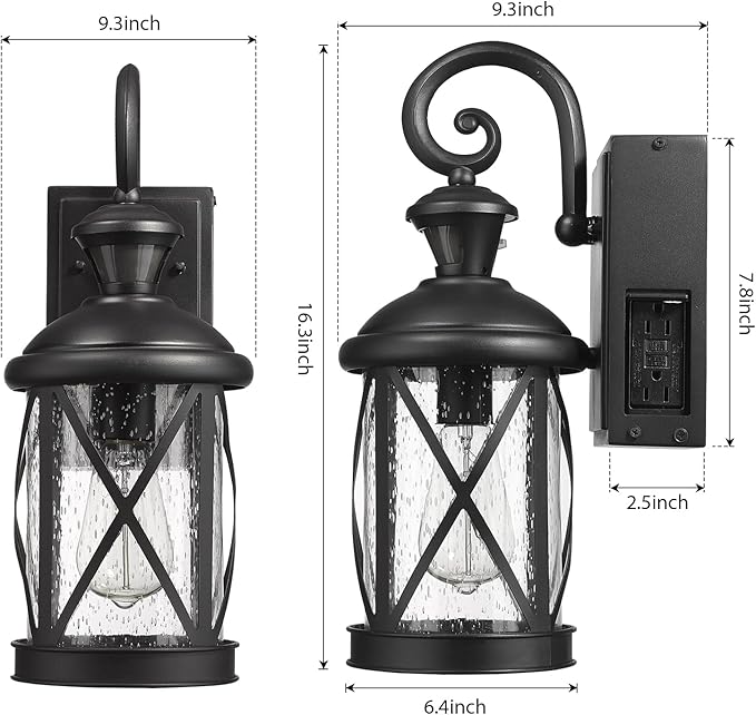 Darkaway Motion Sensor Outdoor Wall Light Dusk to Dawn Outdoor Porch Light with GFCI Outlet Waterproof Exterior Wall Sconce with Seeded Glass Black Wall Mount Lighting Fixture for House Patio Garage