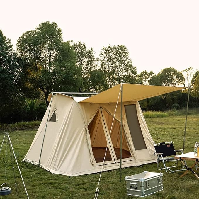 UNISTRENGH Waterproof Cotton Canvas Cabin Tent 4 Season Outdoor Family Camping Tent Shelters with Awning &amp Extra Wide Mesh Doors