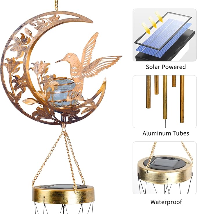 Moon Hummingbird Wind Chime Outdoor Handcrafted Metal Garden Wind Chimes with Hummingbird Charms Melodic Wind Bells for Patio Porch Decor Weatherproof Gift for Nature Lovers &amp Bird Watchers