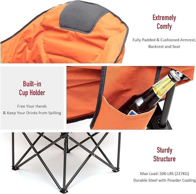 SUNNYFEEL Oversized Camping Chair Heavy Duty 500 LBS Portable Folding Chairs Orange Large Sofa Chair for Beach Trip Picnic Lawn Outdoor Camp Chair for Adults &amp Carry Bag