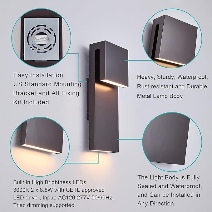 Modern Outdoor Indoor Integrated LED Wall Sconce 2-Light Total 17WBronze Finish1600 Lumens3000 Kelvin90 CRI DimmableInput 120-277VWeatherproof for Global Front Porch Decor Use.