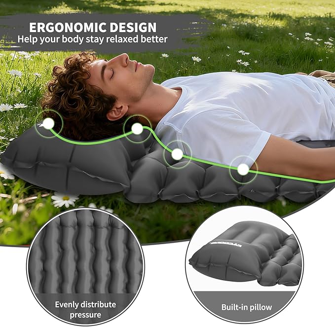 Camping Sleeping Pad Connectable Design for Double Mat Ultralight Inflatable Sleeping Mat with Pillow Built-in Foot Pump Portable Camping Air Mattress for Backpacking Hiking Tent (Grey)