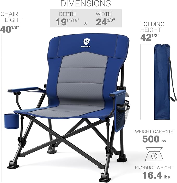 EVER ADVANCED Oversized Folding Camping Chair for Adults with Adjustable Lumbar Support Heavy Duty Chair with Side Pockets Portable Collapsible Quad Chair for Outside