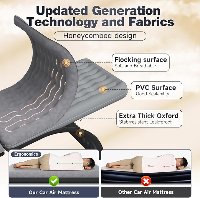 Back Seat Car Air Mattress: Inflatable SUV Car Camping Bed for Truck Van Thickened Double-Sided Flocking Travel Car Sleeping Pad with Air Pump 2 Pillows