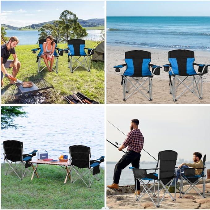 Oversized Camping Chairs for Adults Heavy Duty 500lbs Heavy Duty Beach Chairs for Adults Folding Chair with Cooler Bag &amp Cup Holder Side Pocket Blue &amp Black
