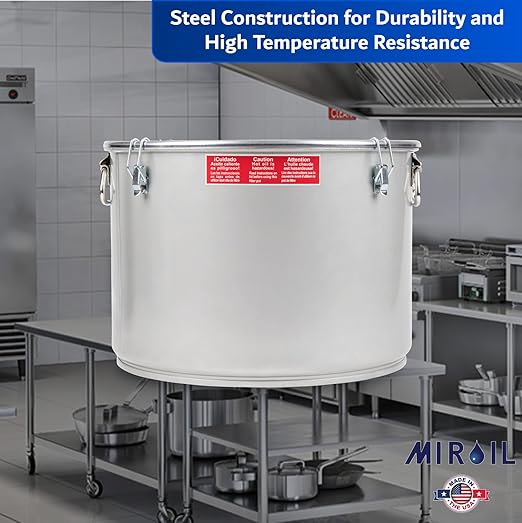 MirOil Oil Grease Bucket &amp Filter Pot Silver (7 Gallon) – Fryer Container w/Lid Lock &amp Clip Food Grade Interior Coating - Hot Grease Collection Pot - Made In USA – Model #60L