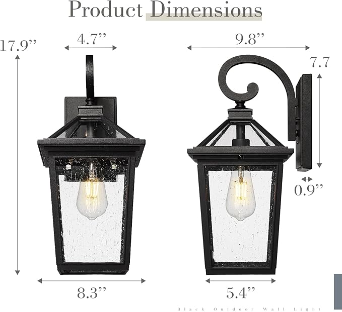 zeyu 18 Inch Outside Light Fixture Exterior Wall Lighting Fixture for House Porch Die-Cast Aluminum with Seeded Glass Black Finish ZX58MB BK