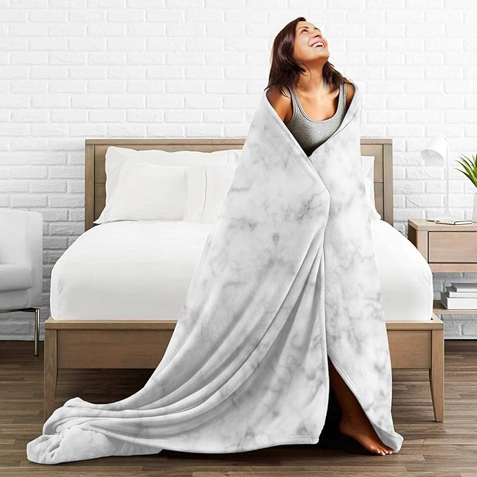 60X50 White and Grey Smoke Marble Lightweight Flannel Blanket - Soft and Breathable Polyester Suitable for Travel Camping and Home Decoration