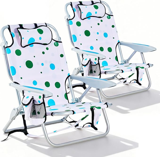 2 Pack Lightweight Portable Camping Beach Chair for Adults Lay Flat Folding Beach Chairs with 5 Positions Backpack Beach Chair with Towel Bar Zipper Pouch Cup Holder Geometric Circle