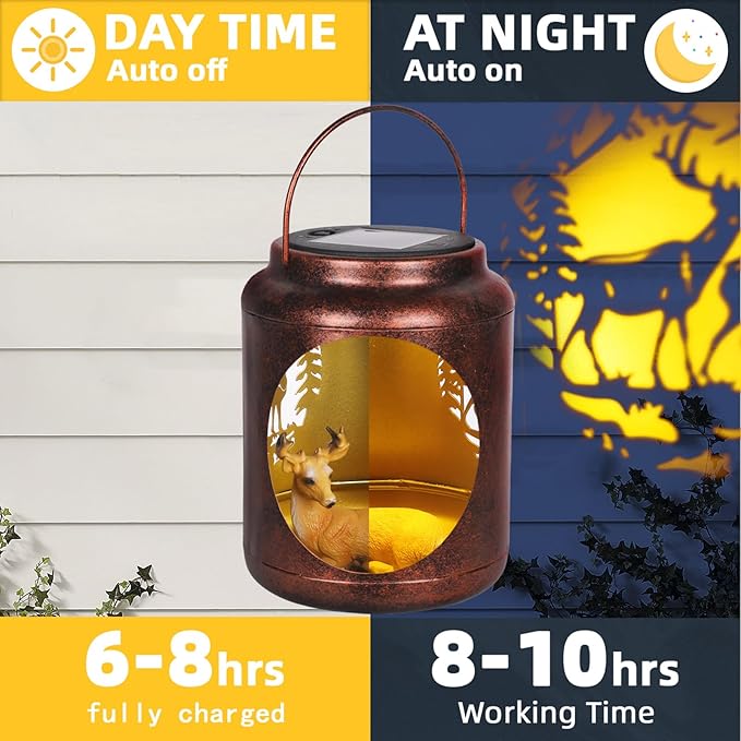 Metal Solar Lantern with Deer Patterns &amp Resin Deer Statue InsideOutdoor Lanterns with Shepherds Hook Gifts for Women Mom GrandmaOutside Haning Decor for Yard Garden Patio Backyard Porch