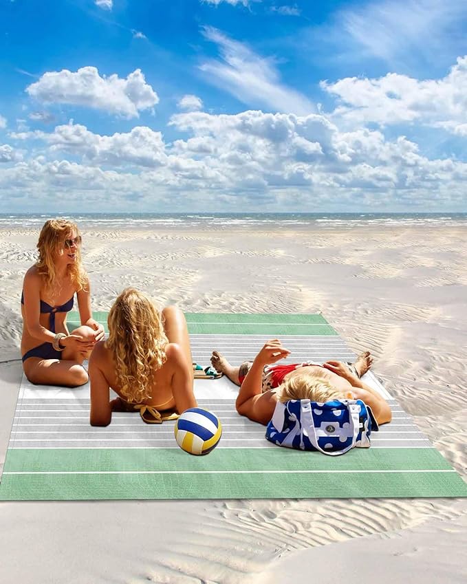 Beach Blanket Waterproof Sandproof Picnic Blanket 83x79 Foldable Beach Mat with Stripe Gradient Simple Fruit Green Gray Pattern for Camping Park Grass Beach Travel