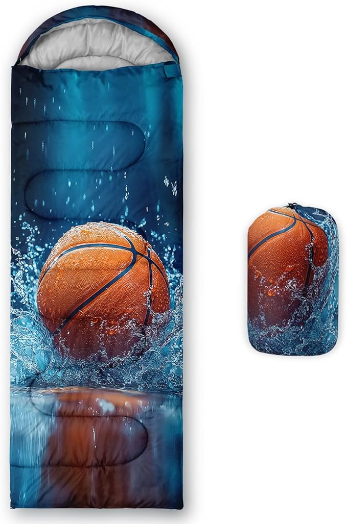 Kids Sleeping Bag for Boys Girls3D Basketball Print-Lightweight Warm Portable Outdoor Indoor-Waterproof Cold Weather Resistant Sleeping Bag for Camping Hiking