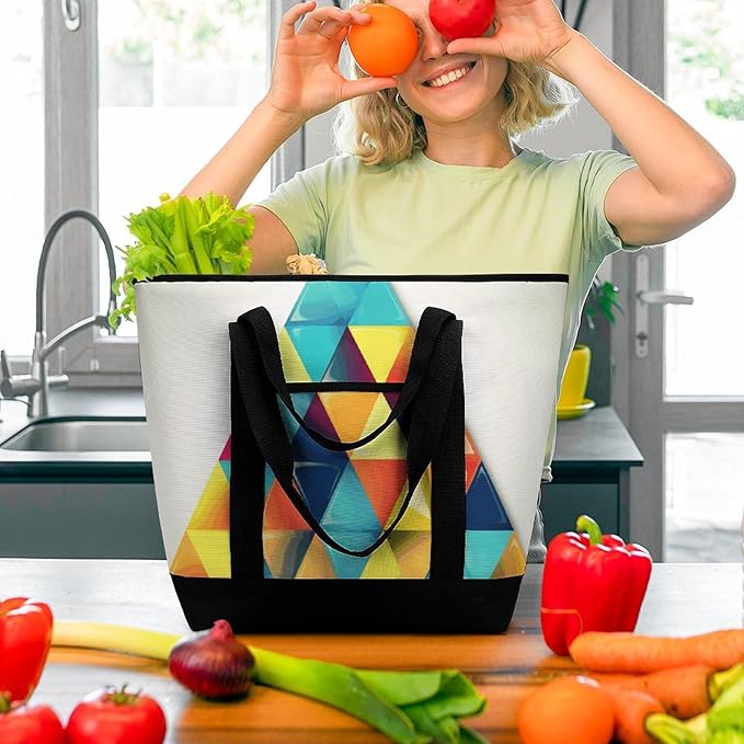 Insulated Shopping BagLarge Reusable Cooler Bags Colorful Triangle Printed Foldable Shopping BagTravel Waterproof Shoulder Bag