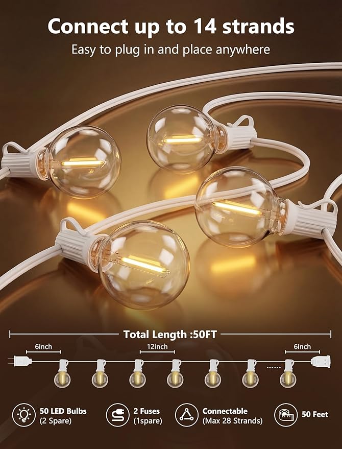 Goothy 50Ft Outdoor LED String Lights with 52 Shatterproof G40 LED Clear Globe Bulbs Edison Vintage Bulbs E12 Base Hanging Sockets Decorative Lighting for Café Patio Porch Party Yard Christmas-White