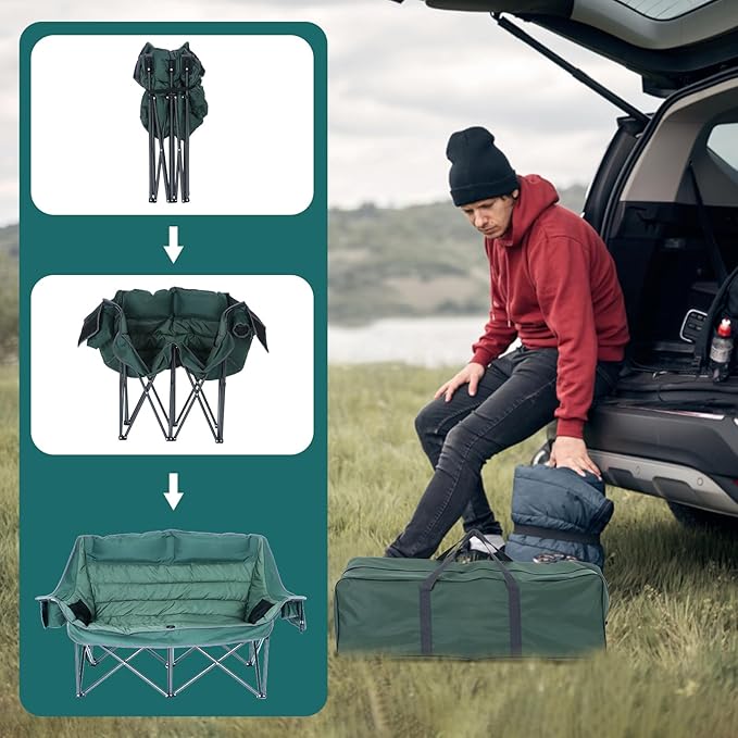 CDEN Double Padded Camping Chair Oversized Folding Loveseat Portable Outdoor Sofa with Cup Holders Carry Bag Cooler Bag Bottle Opener for Camping Picnic Lawn Garden (Green)