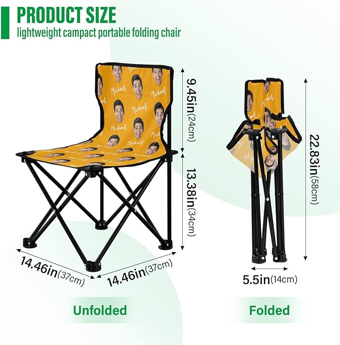 Sinestour Orange Custom Photo Folding Camping Chair for Teen Child Personalized Name 14.6×14.6in Portable Outdoor Chair with Carry Bag for Travel Picnic Barbeques