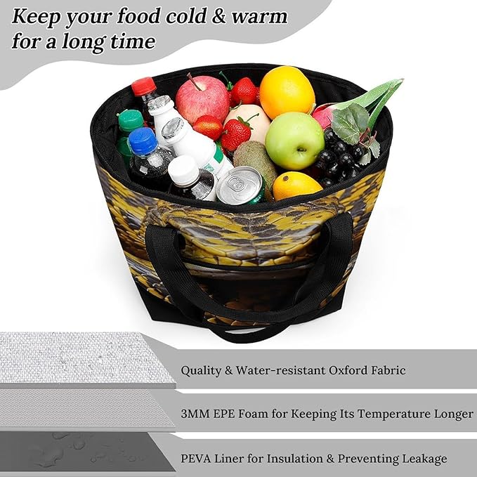 Insulated Shopping BagLarge Reusable Cooler Bags Yellow Snake Printed Foldable Shopping BagTravel Waterproof Shoulder Bag