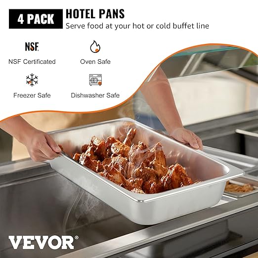 VEVOR 4 Pack Stainless Steel Hotel PansFull Size 4 Inch Deep 0.8mm Thick Anti Jam Commercial Food Pans with lidCatering Food Storage Metal Pan for Steam Tables Restaurants20.8 x 13 x 4 inch.