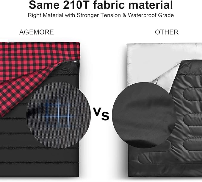 AGEMORE Cotton Flannel Double Sleeping Bag for Camping Backpacking Or Hiking. Queen Size 2 Person Waterproof Sleeping Bag for Adults Or Teens. Lightweight with Compression Sack