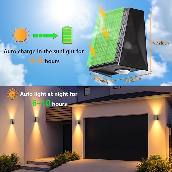 2 Pack Solar Wall Lights Outdoor Waterproof Up and Down 2 LED Fence Sconce for House Patio Porch Yard Garden Garage and Pool for Security and Decorative Lighting Wall Mounted Install(Warm White)