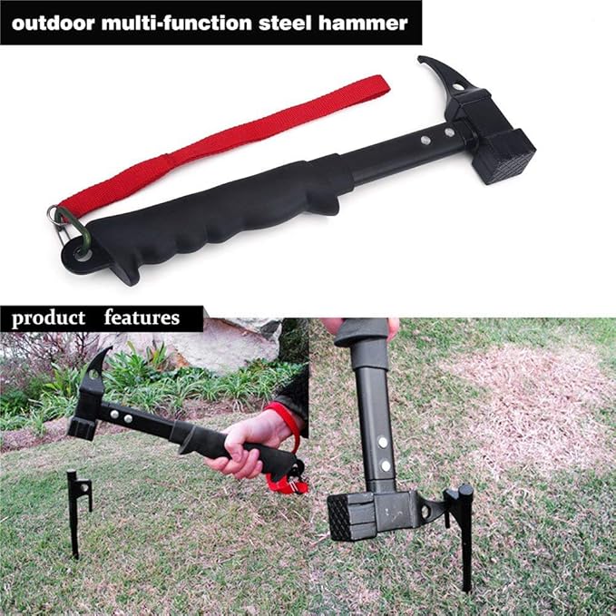 Outdoor Framing Hammer campinghammer High StrengthHead Rubber Handle with Lanyard Nail Puller Camping Survival Tool Hammer Tent Stakes
