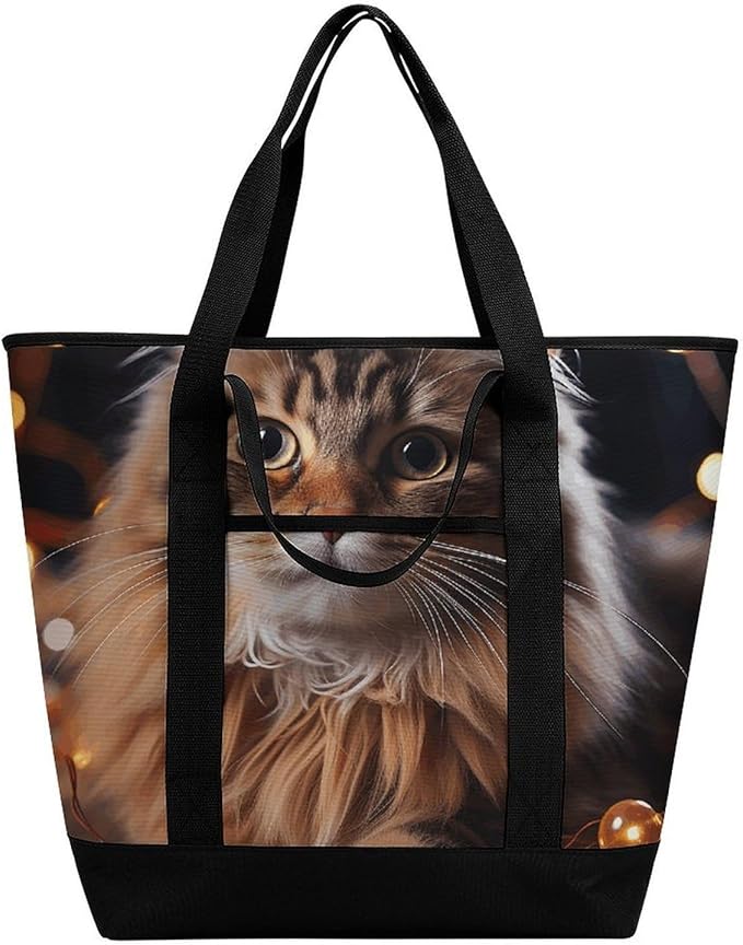 Insulated Shopping BagLarge Reusable Cooler Bags Cat Hanging Christmas Lights Printed Foldable Shopping BagTravel Waterproof Shoulder Bag