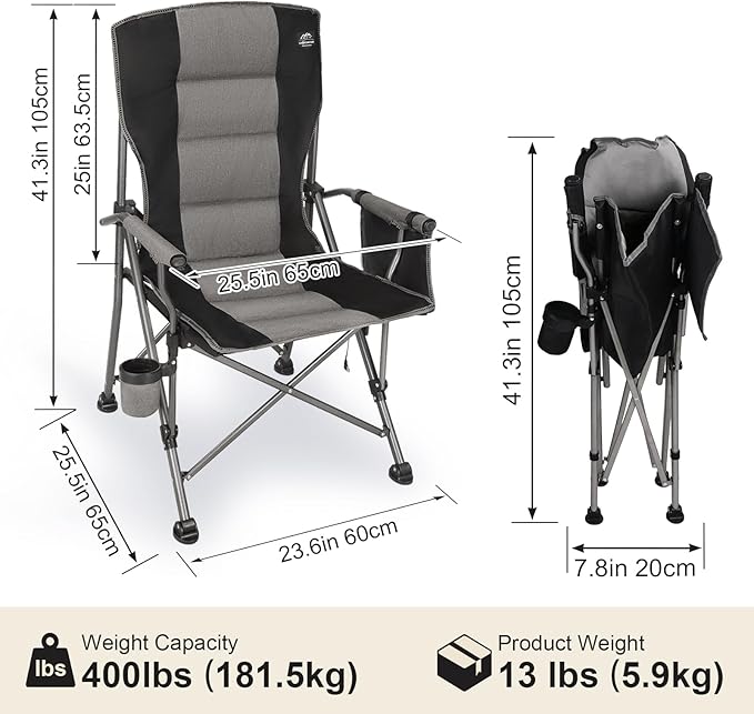 Heated Camping Chair w/Hard Armrest3 Heat Levels Folding Outdoor Camp Chair w/Cup HolderHeavy Duty Padded Portable Heating Lawn Chair Support 400 LbsBlackBattery NOT Included