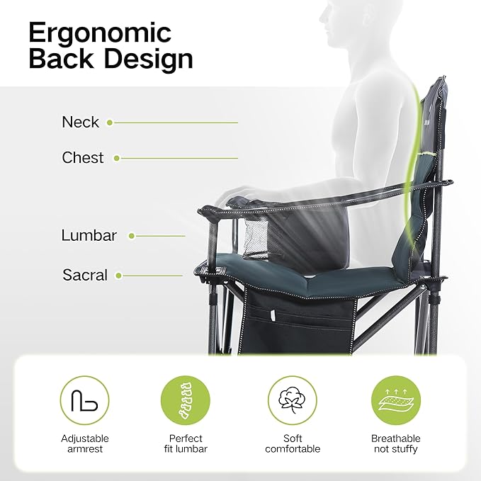 GREEN PARTY Folding Camping Chair Oversized Heavy Duty Lawn Chair with Cooler Bag Cup Holder Storage Pocket Collapsible Padded Outdoor Arm Chair Quad Lumbar