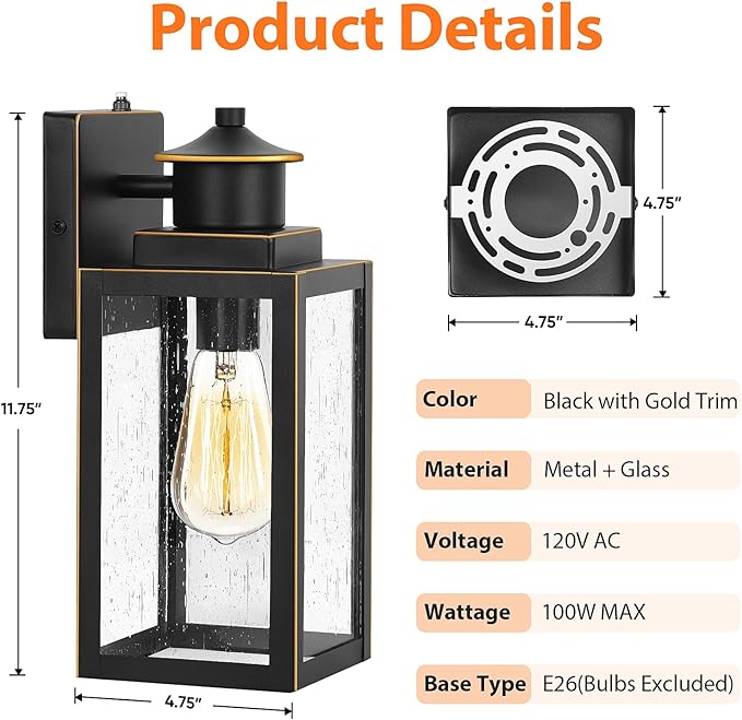 BesLowe 2-Pack Dusk to Dawn Outdoor Wall Lights Modern Porch Lights Outdoor Sconces with Seeded Glass Exterior Lighting Fixtures Outside Lights for House Front Door Garage Black with Gold Trim
