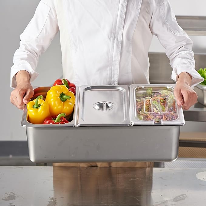 CURTA Ice Chilled Condiment Serving Container (3 Pan) NSF Certified 2 Types of Lids Drain Tray Commercial Spice Rack Set For Kitchen Buffet Catering Food Pan