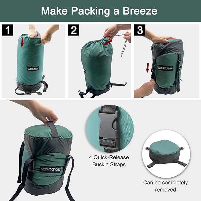 GOLDCAMP Compression Sack 40% More Storage! 18L/30L/43L/49L/65L Compression Stuff Sack Waterproof &amp Ultralight Sleeping Bag Stuff Sack - Space Saving Gear for Camping Hiking (Green XXXL)