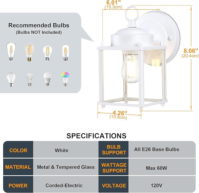 GRUENLICH Outdoor Wall Sconce Exterior Wall Lighting Fixtures with Clear Glass Front Porch Lighting Anti-Rust Outside Lights for Patio Doorway White 2 Pack