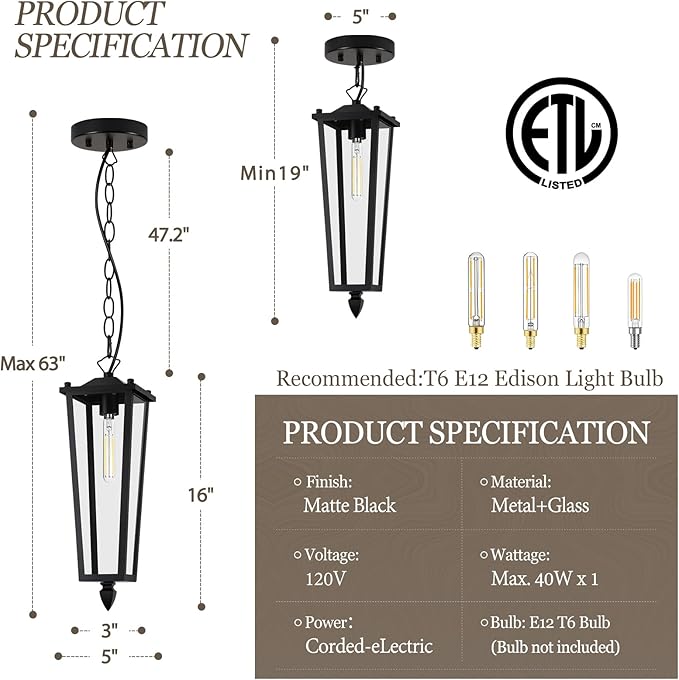 Outdoor Pendant Lights for Porch 16 Black Outdoor Pendant Light with Clear Glass Modern Hanging Porch Lighting Fixtures with Adjustable Chain for Gazebo Foyer OS-OD2615-1HM