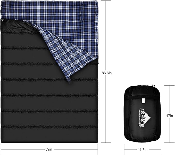 AGEMORE Cotton Flannel Double Sleeping Bag for Camping Backpacking Or Hiking. Queen Size 2 Person Waterproof Sleeping Bag for Adults Or Teens. Lightweight with Compression Sack