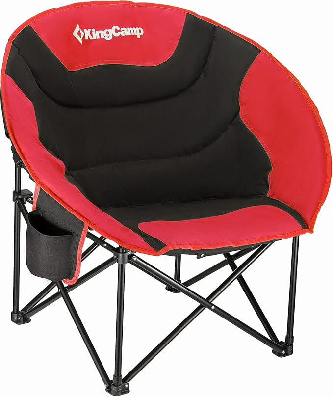 KingCamp Foldable Saucer Moon Lounge Chair with Cupholder Storage Pocket for Indoor Home or Outdoor Camping and Tailgating Use Black/Red