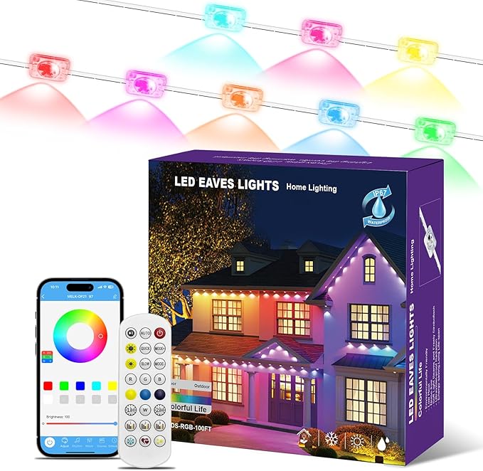 mw Permanent Outdoor Lights for House 100ft RGB+IC Eave Lights 50 Scene Modes App/Remote Control IP68 Waterproof Smart Outdoor Light for Christmas Halloween Party Decor House Roof Lighting
