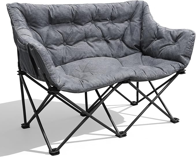Double Camping Chair Heavy Duty Oversized Padded Loveseat for Adults 2 Person Outdoor Portable Camping Chairs for Lawn Backyard Fishing Trip Support 600lbs Grey