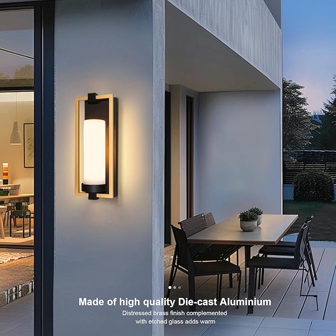 ALVIME Modern Gold Outdoor Wall Light Fixtures 15 Inch 2 Pack Outdoor Wall Sconce for House Waterproof Exterior Lighting Fixtures for Garage Doorway Porch Patio E26 Base&ampEtched Opal Glass