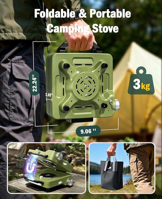 2 Propane Burners Camping Stove 30000 BTU Folding Camp Stove with Windproof Grates and Frying Pan Portable Camping Stoves with Carrying Bag Camping Essentials for Tailgating/Grilling/Coffee Green